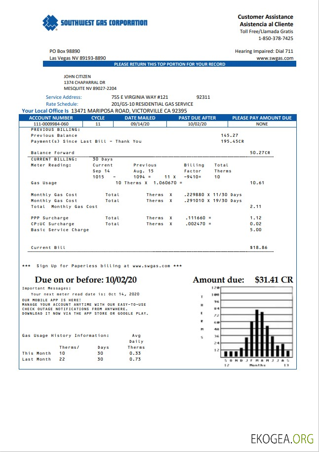 USA Nevada Southwest gas Corporation utility bill template in Word and PDF format